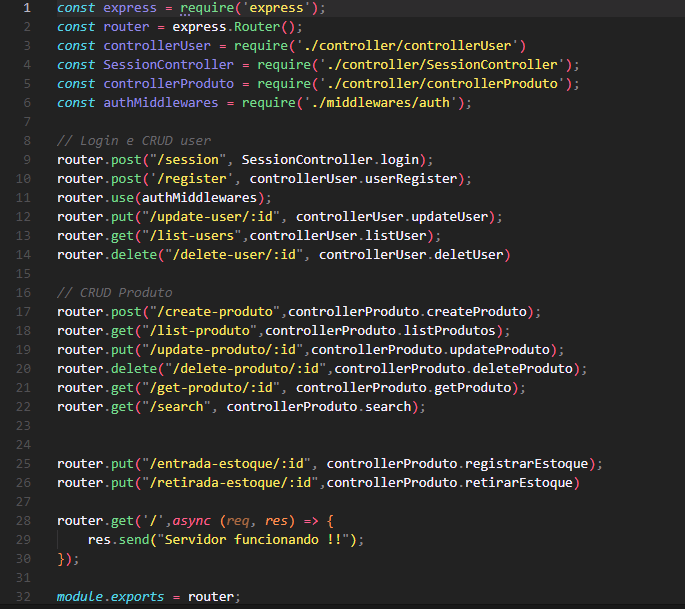 Codigo de rotas da API