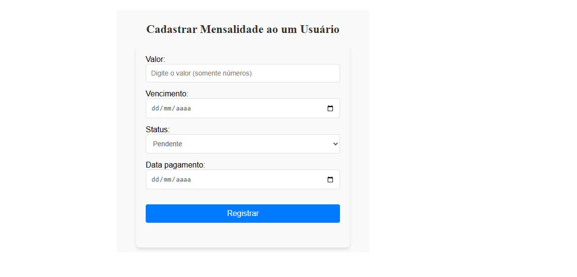 tela de cadastro de mensalidades do sistema de mensalidades